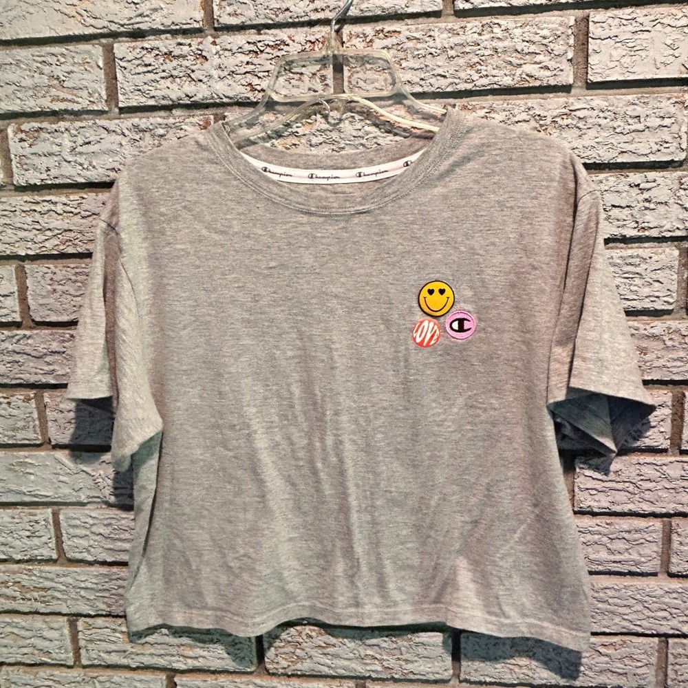 Champion Womens Heather Gray Smiley Face Love Patch Cropped T-Shirt Tee L‎